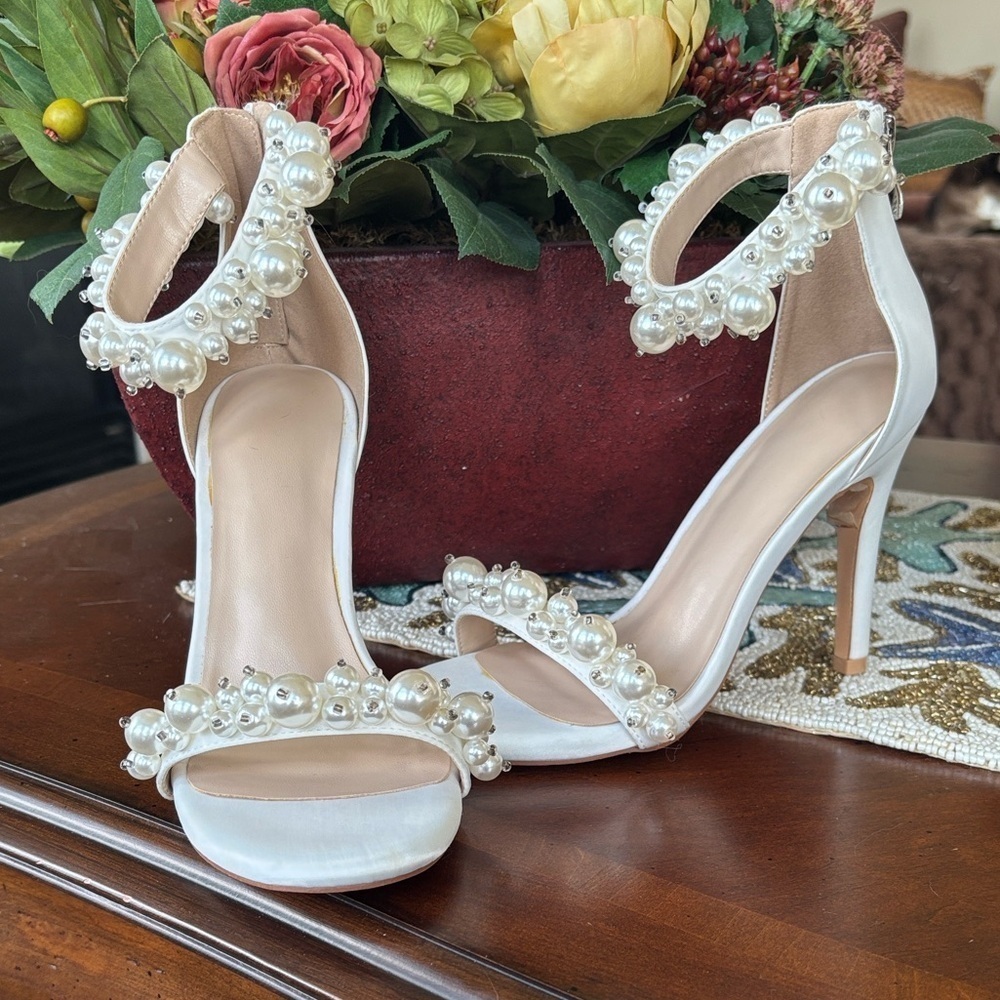 Brand New Faux Pearl Open Toe Ankle Strap Back Zip Stiletto Heel Sandals Wedding - Picture 3 of 16